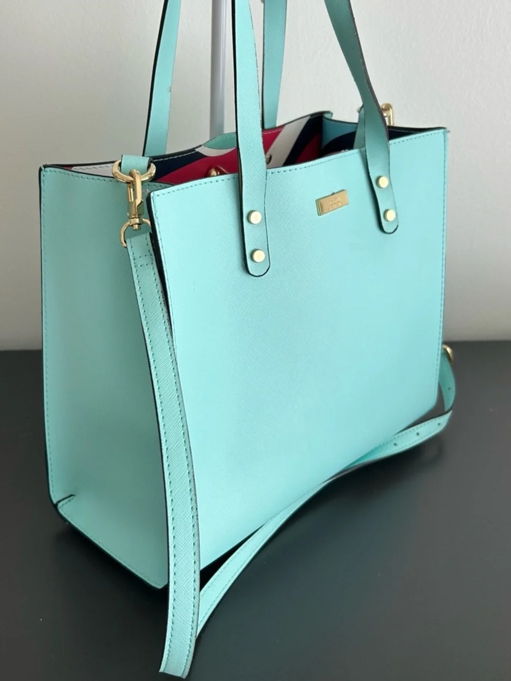 Trina Turk Aqua Blue Structured Tote Crossbody Bag Gold Hardware Satchel - Picture 4 of 8